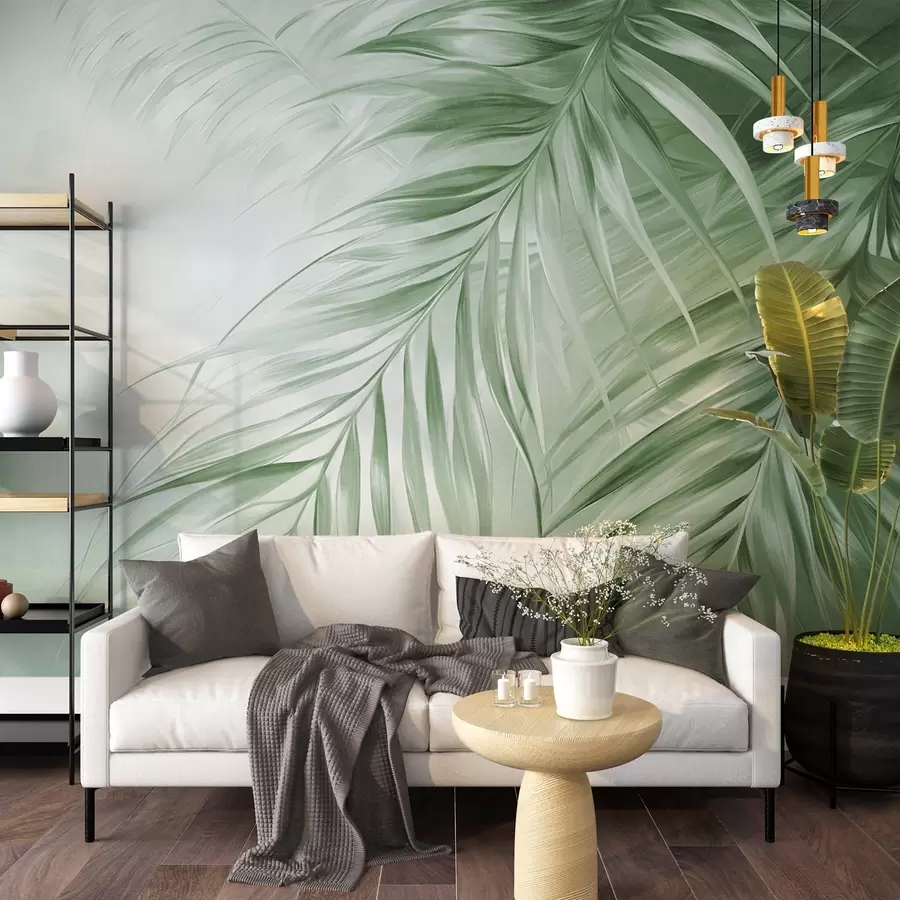 murales de pared Hojas de palmera con tonos verdes, fondo con textura ligera y colores suaves, elegante estilo tropical w09475v2