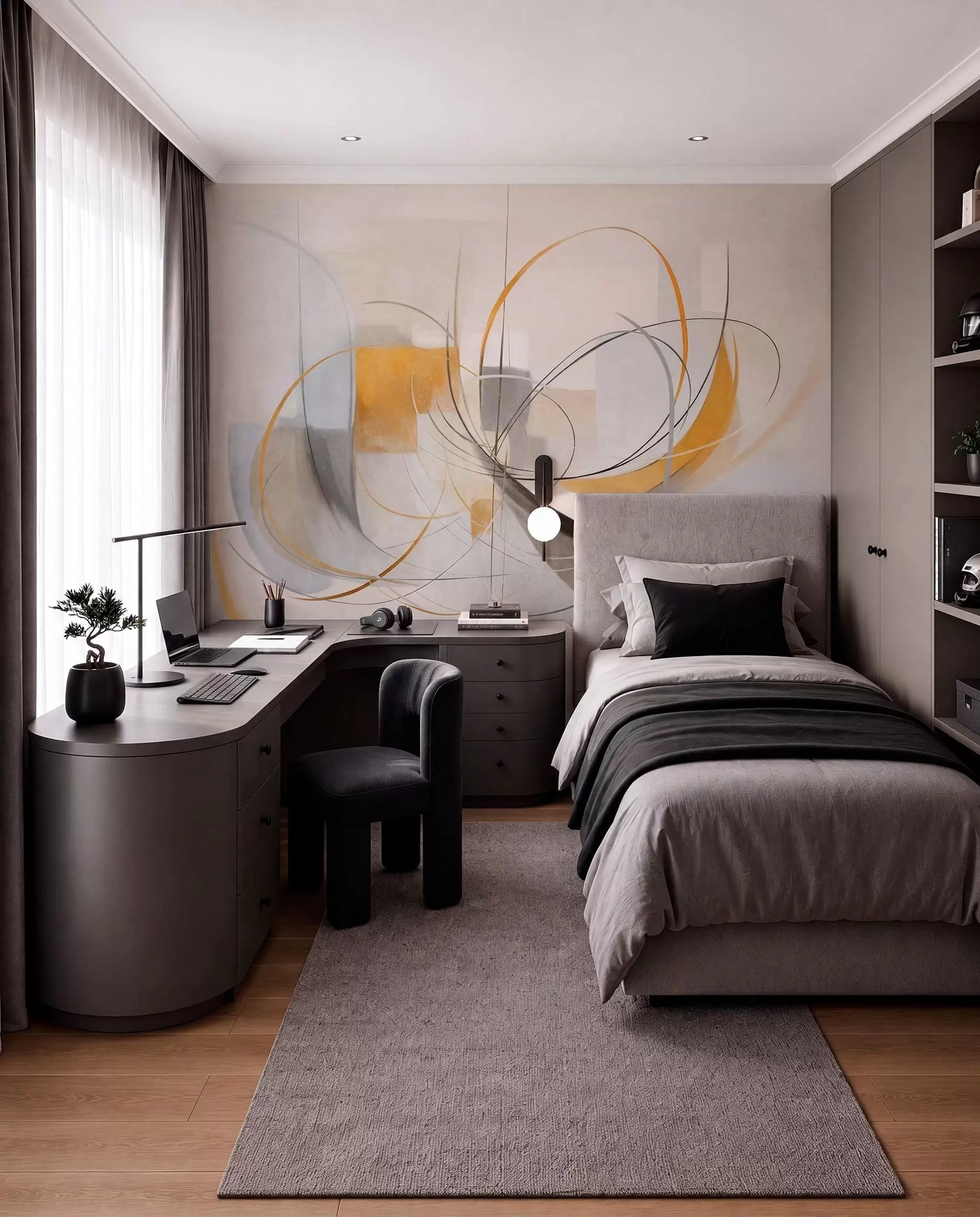 murales de pared Estilo pictórico moderno abstracto con texturas, líneas curvas y formas geométricas en tonos grises, blancos y naranjas w09476
