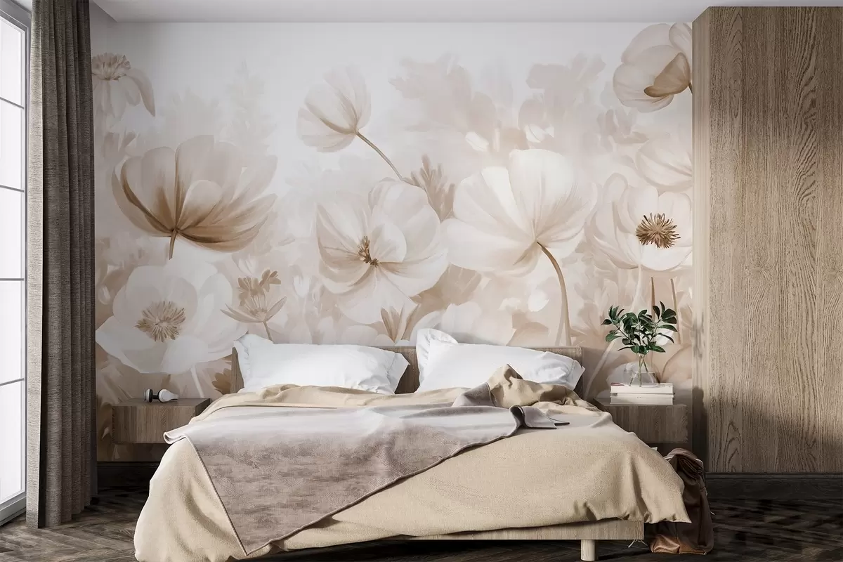 murales de pared Un campo de flores beige con delicados pétalos y suaves hojas marrones, en un estilo acuarela de ensueño y texturizado w09481v1