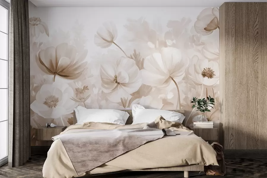 murales de pared Un campo de flores beige con delicados pétalos y suaves hojas marrones, en un estilo acuarela de ensueño y texturizado w09481v1