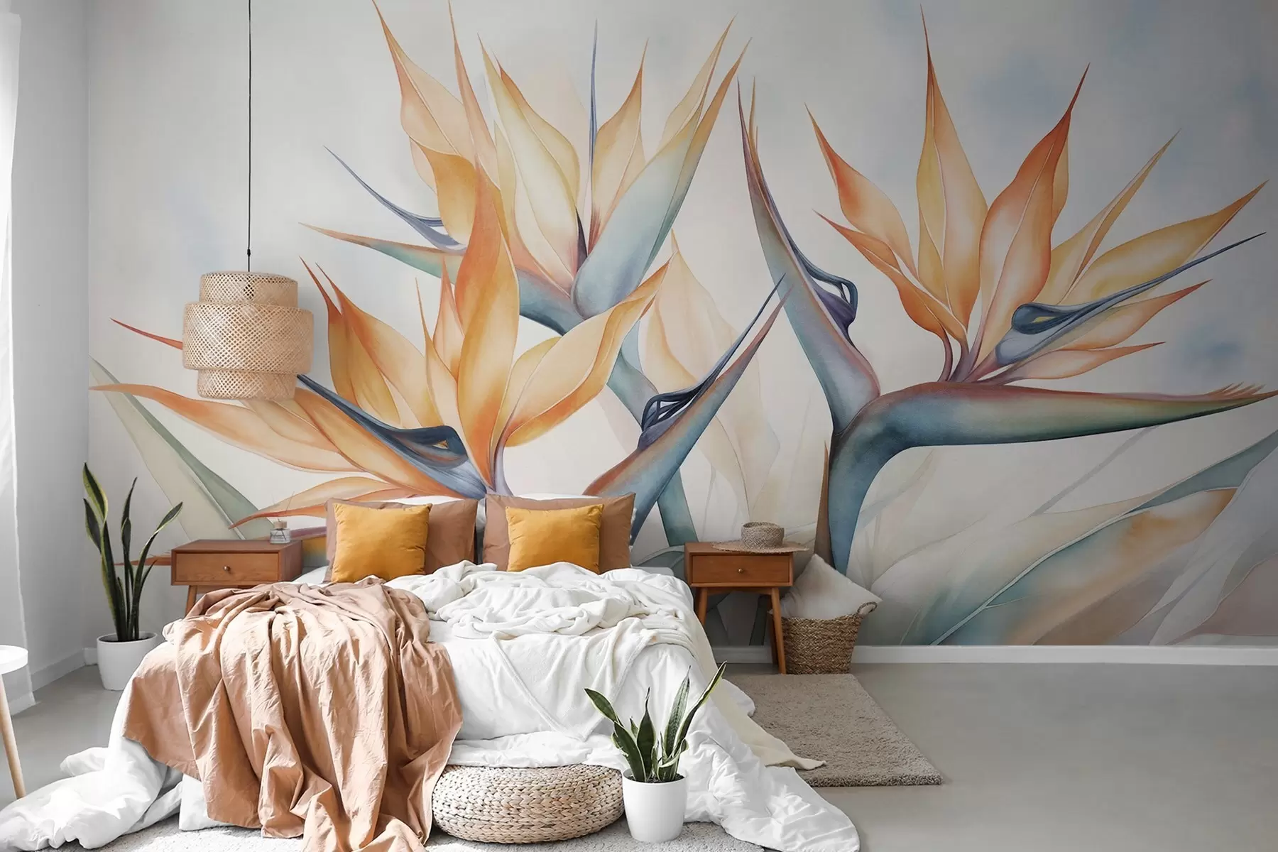murales de pared Flor del ave del paraíso, strelitzia con pétalos naranjas, estilo texturizado en acuarela suave, fondo claro w09483