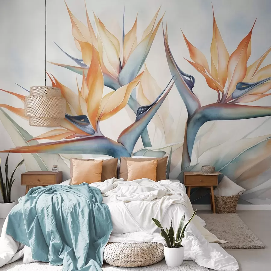 murales de pared Flor del ave del paraíso, strelitzia con pétalos naranjas, estilo texturizado en acuarela suave, fondo claro w09483