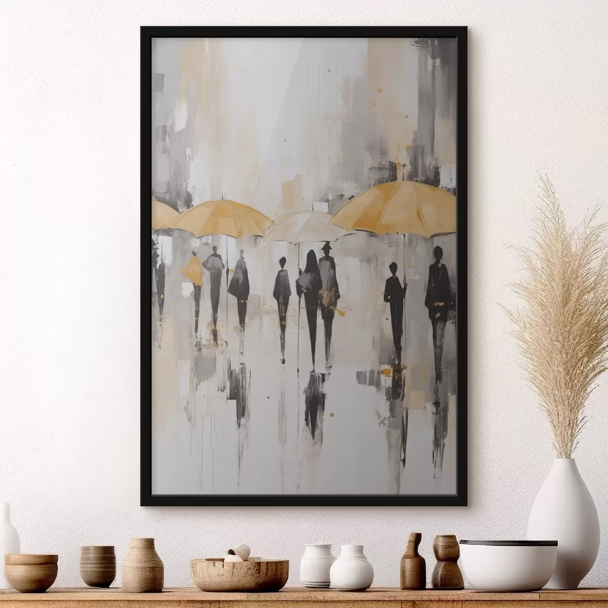 Poster Abstracción de personas con paraguas f46304