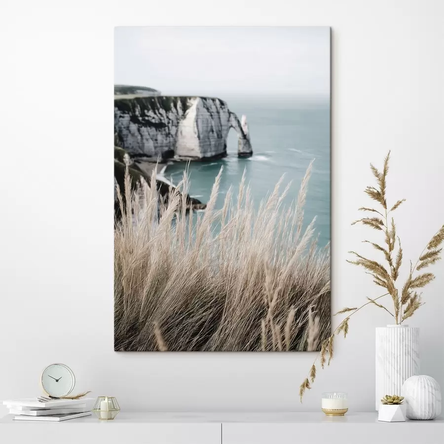 murales de pared Mar y arco de roca, vista a través de la hierba seca s46142