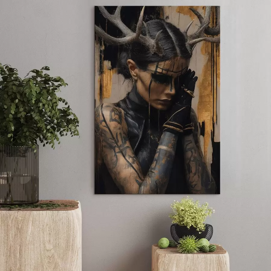 murales de pared Mujer con cuernos y aspecto sombrío, con líneas faciales negras s46144