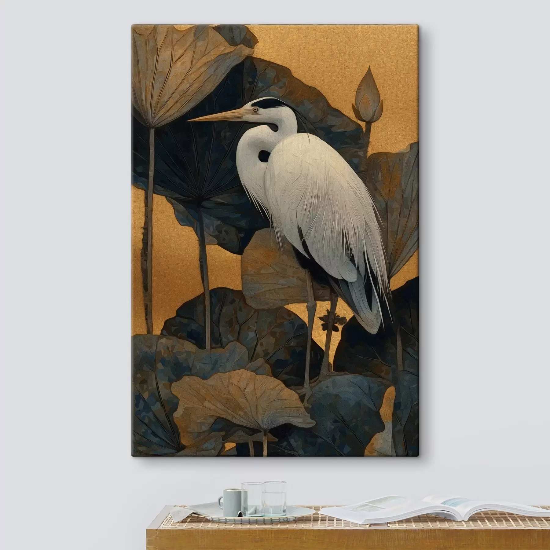 murales de pared Garza blanca entre hojas grandes sobre un fondo cálido s46147