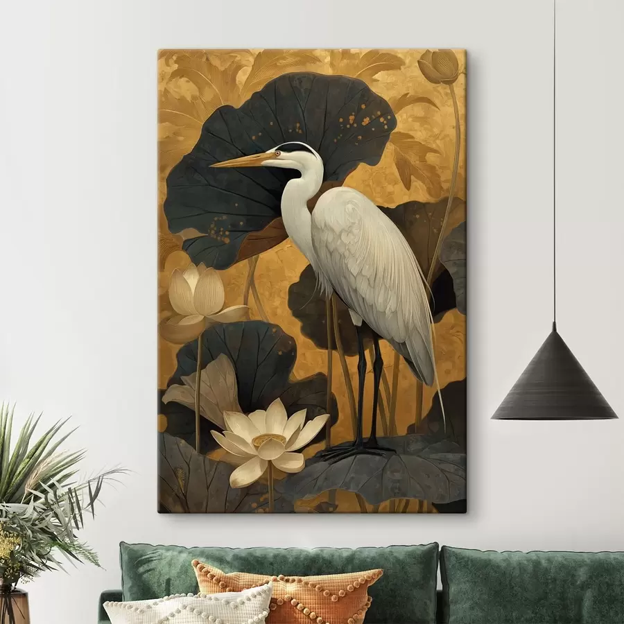 murales de pared Garza entre lotos sobre un fondo cálido s46148