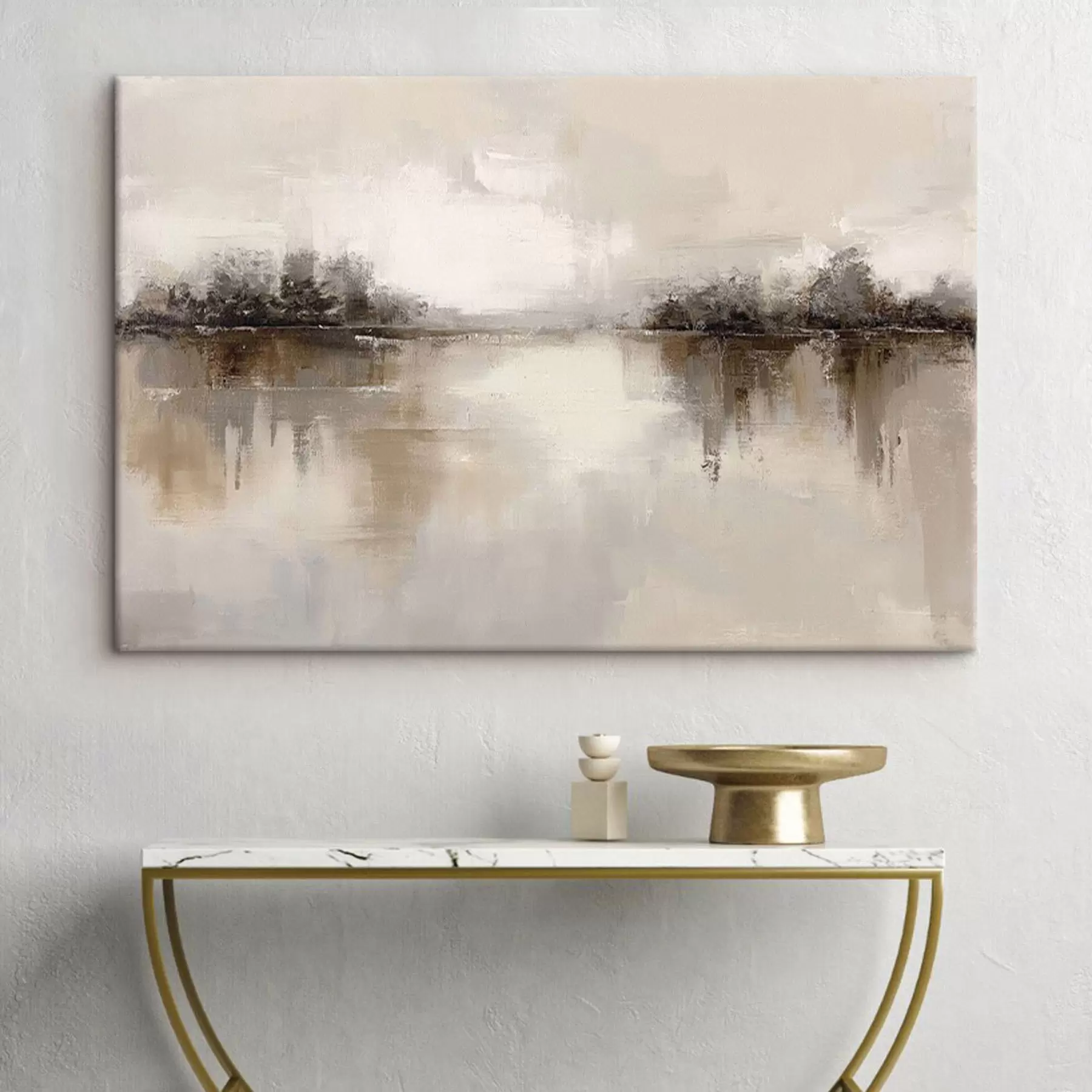 murales de pared Paisaje suave con un lago en cálidos tonos beige y gris s46158