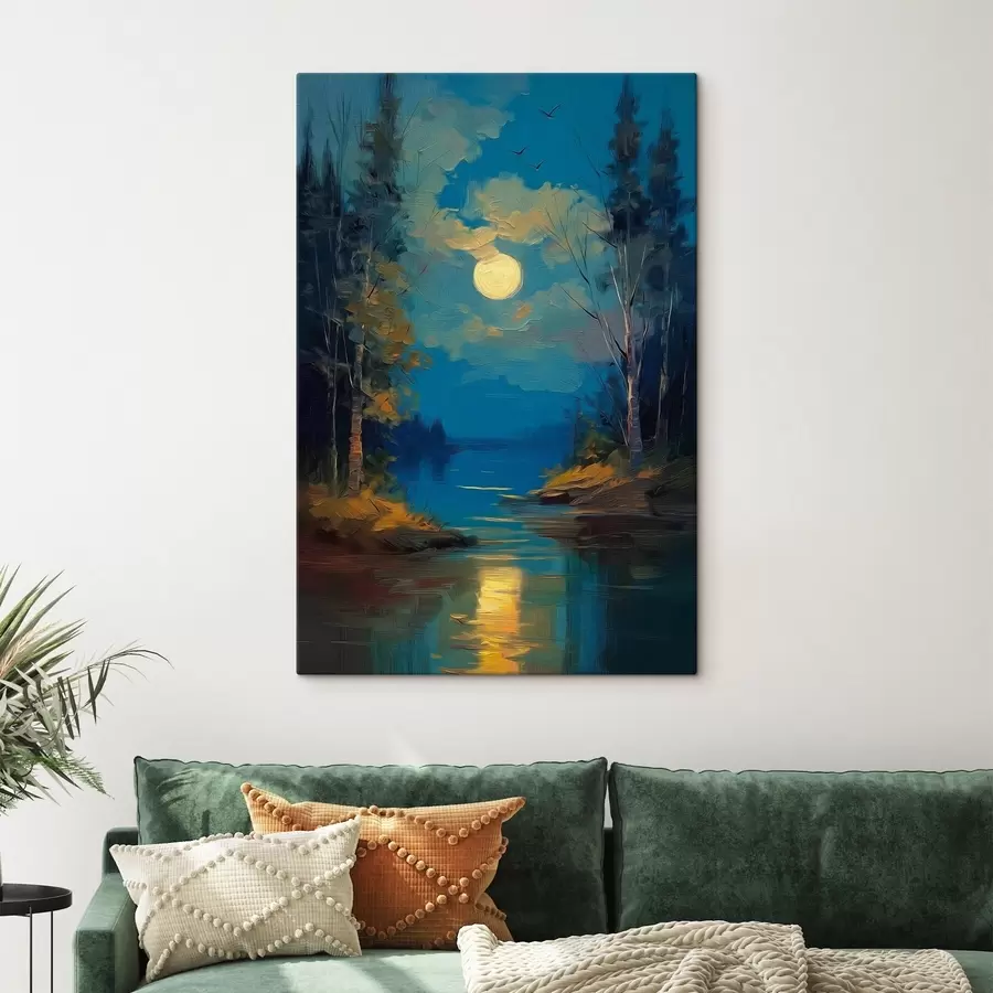 murales de pared Luz de luna sobre un río tranquilo entre pinos s46164