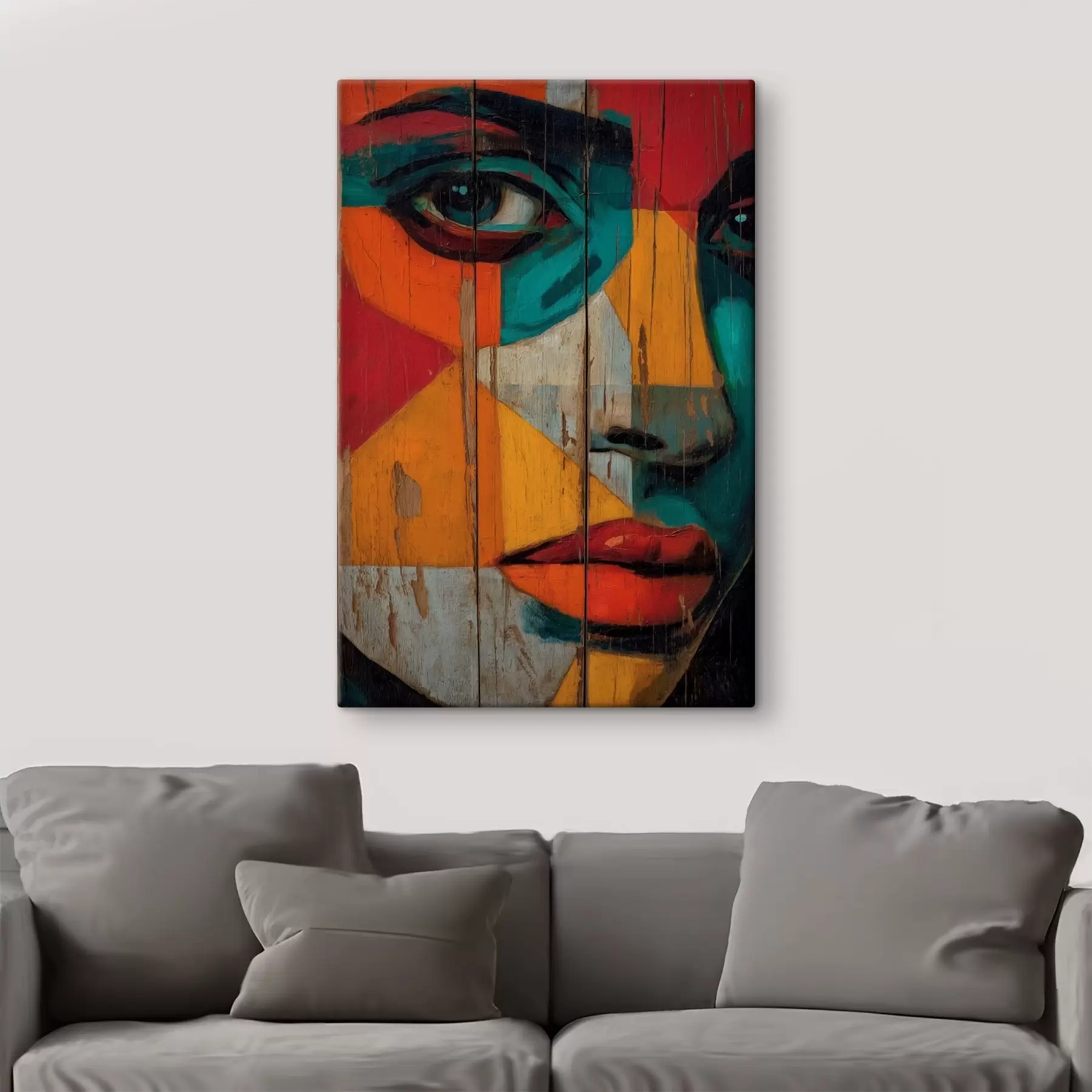 murales de pared Retrato facial geométrico brillante sobre tablas de madera s46165