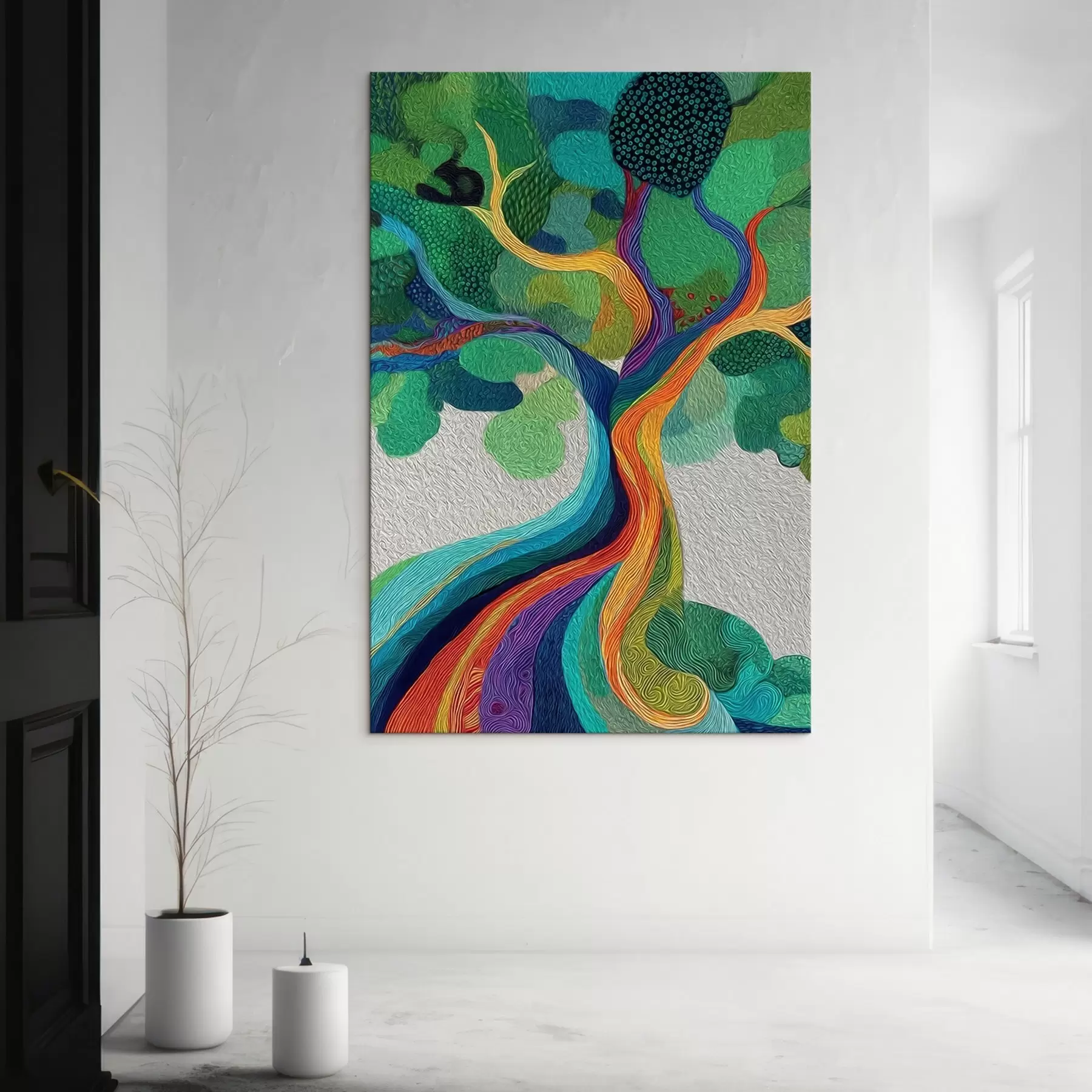 murales de pared Árbol con ramas arcoíris sobre fondo verde s46173