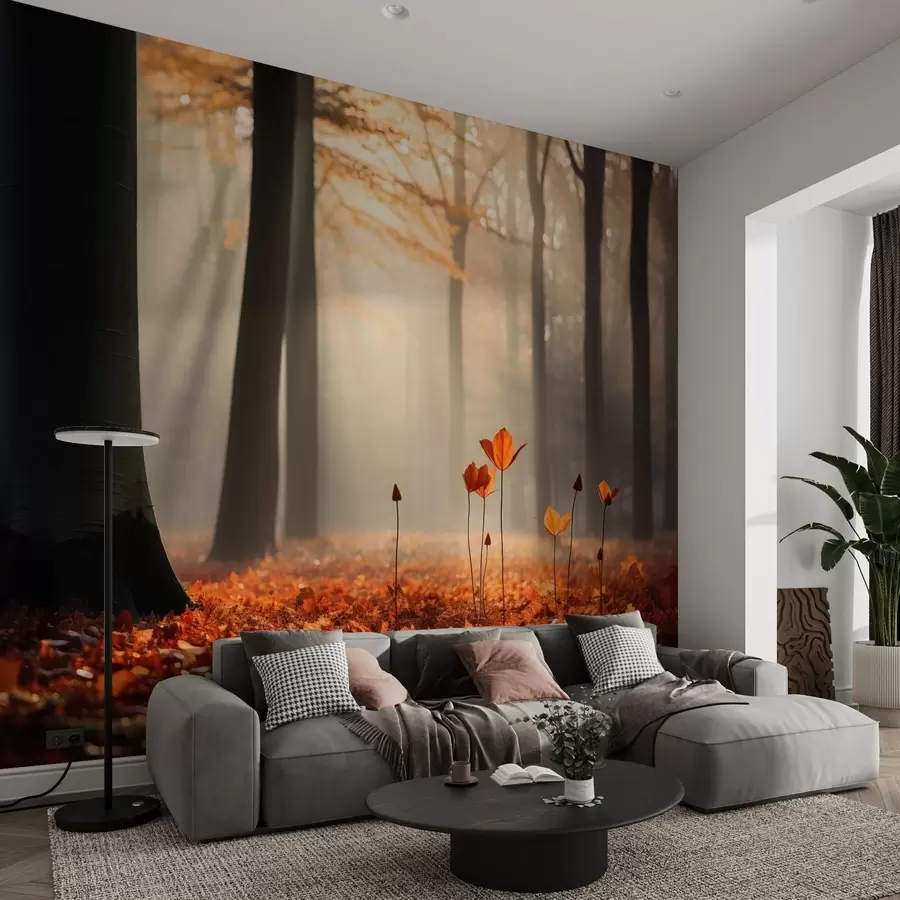 murales de pared Bosque otoñal con rayos de sol y follaje brillante w04710