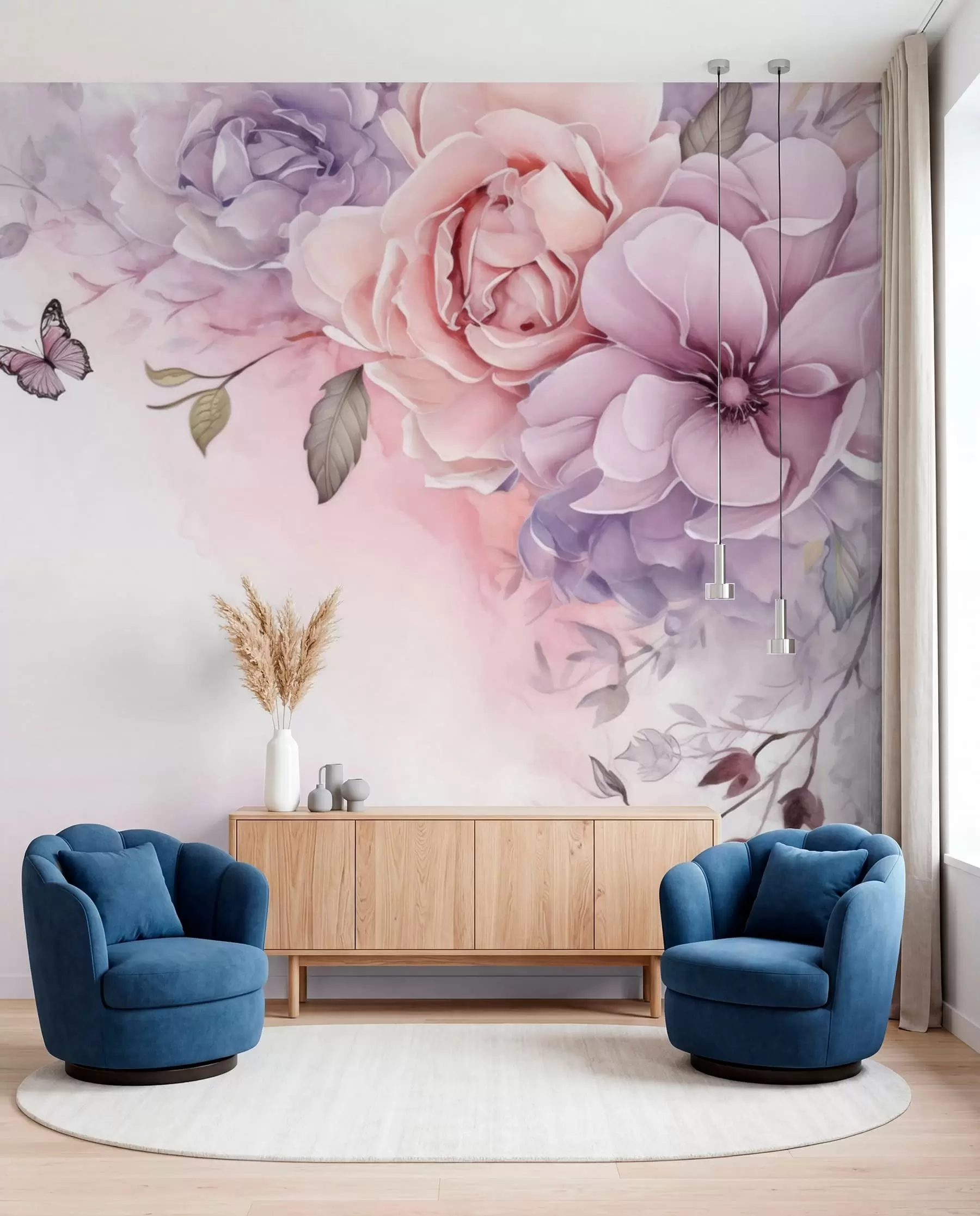 murales de pared Mariposas y flores rosas w04711