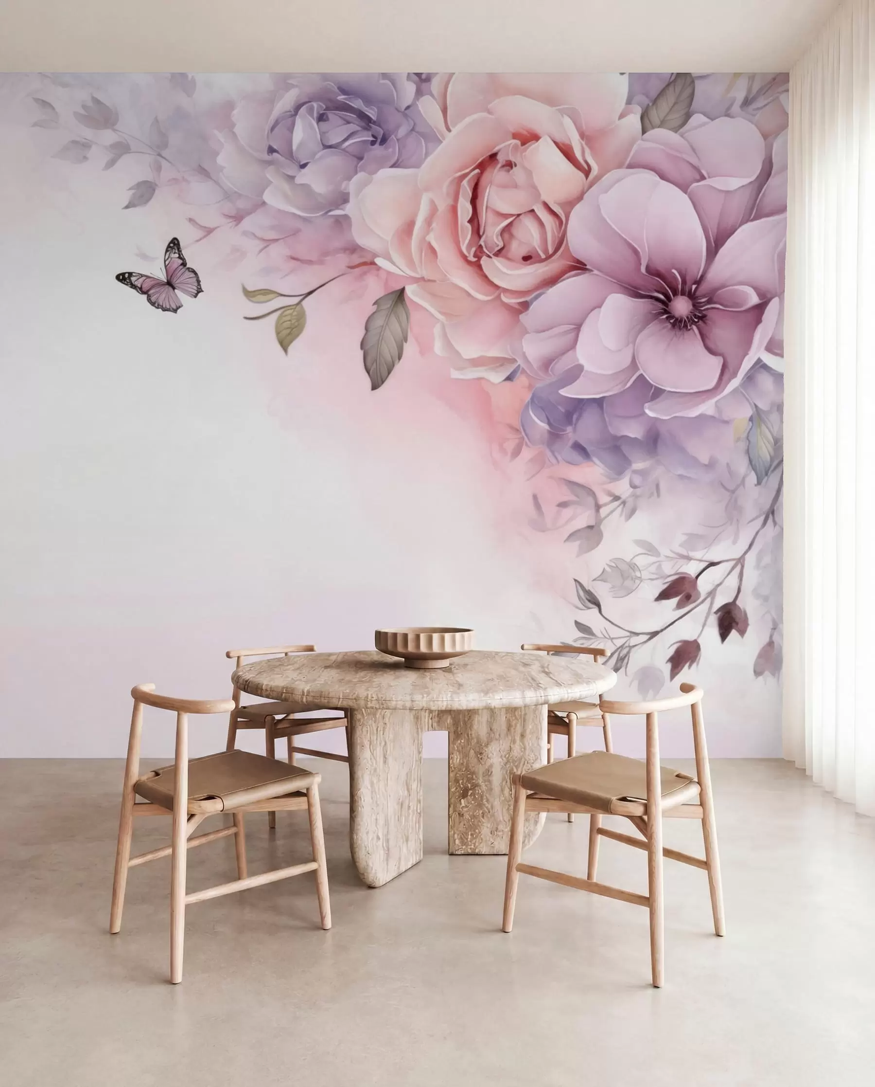 murales de pared Mariposas y flores rosas w04711