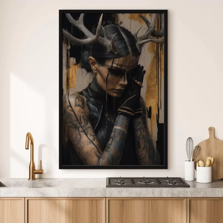 murales de pared Mujer con cuernos y aspecto sombrío, con líneas faciales negras f46144