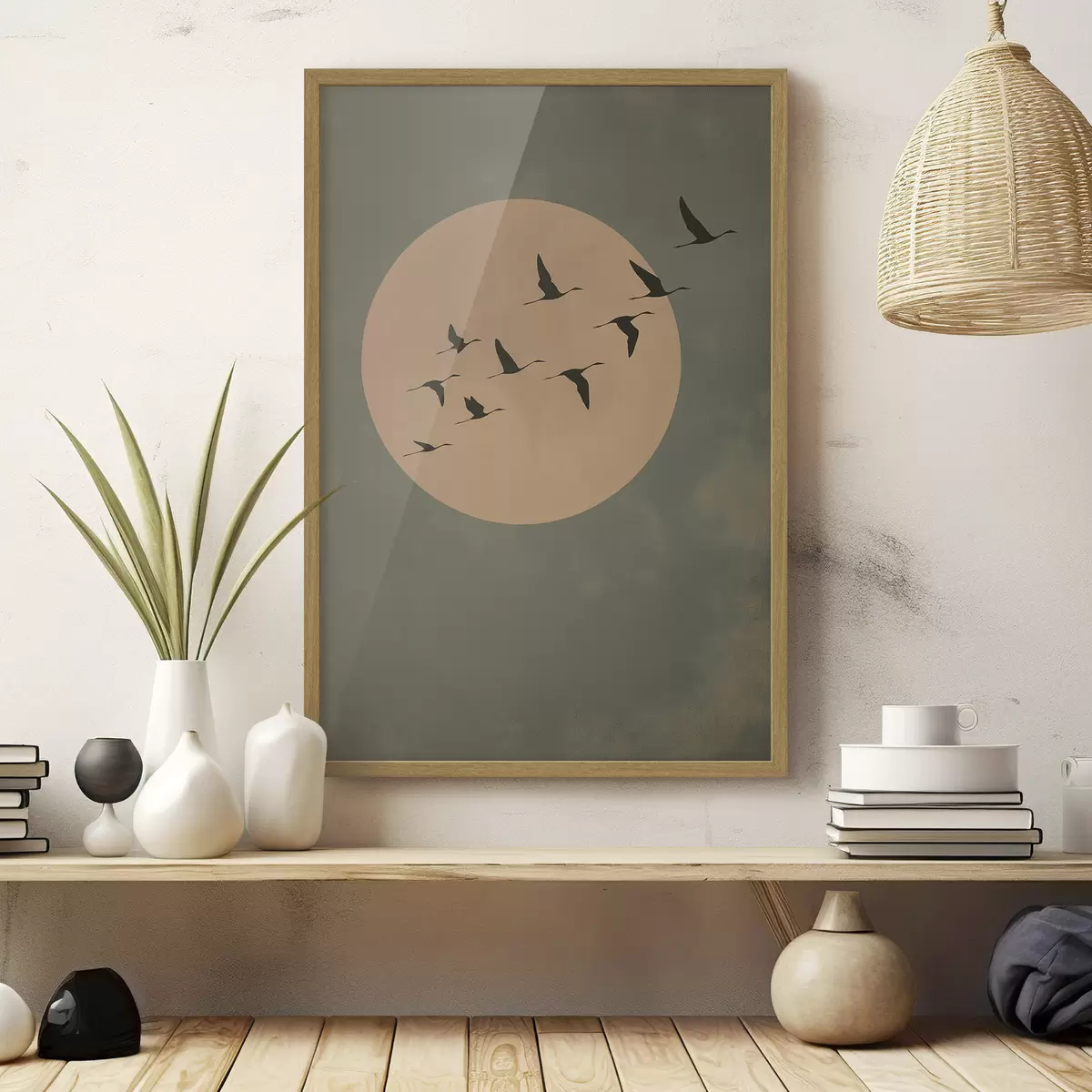 Poster Una bandada de pájaros volando contra una gran luna cálida f46162