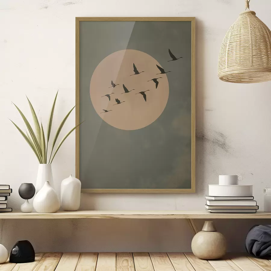 murales de pared Una bandada de pájaros volando contra una gran luna cálida f46162