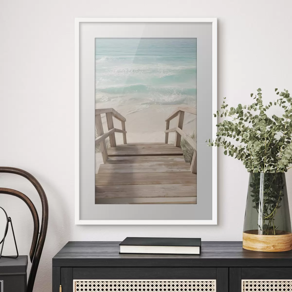 Poster Escaleras de madera que conducen a una playa turquesa f46163