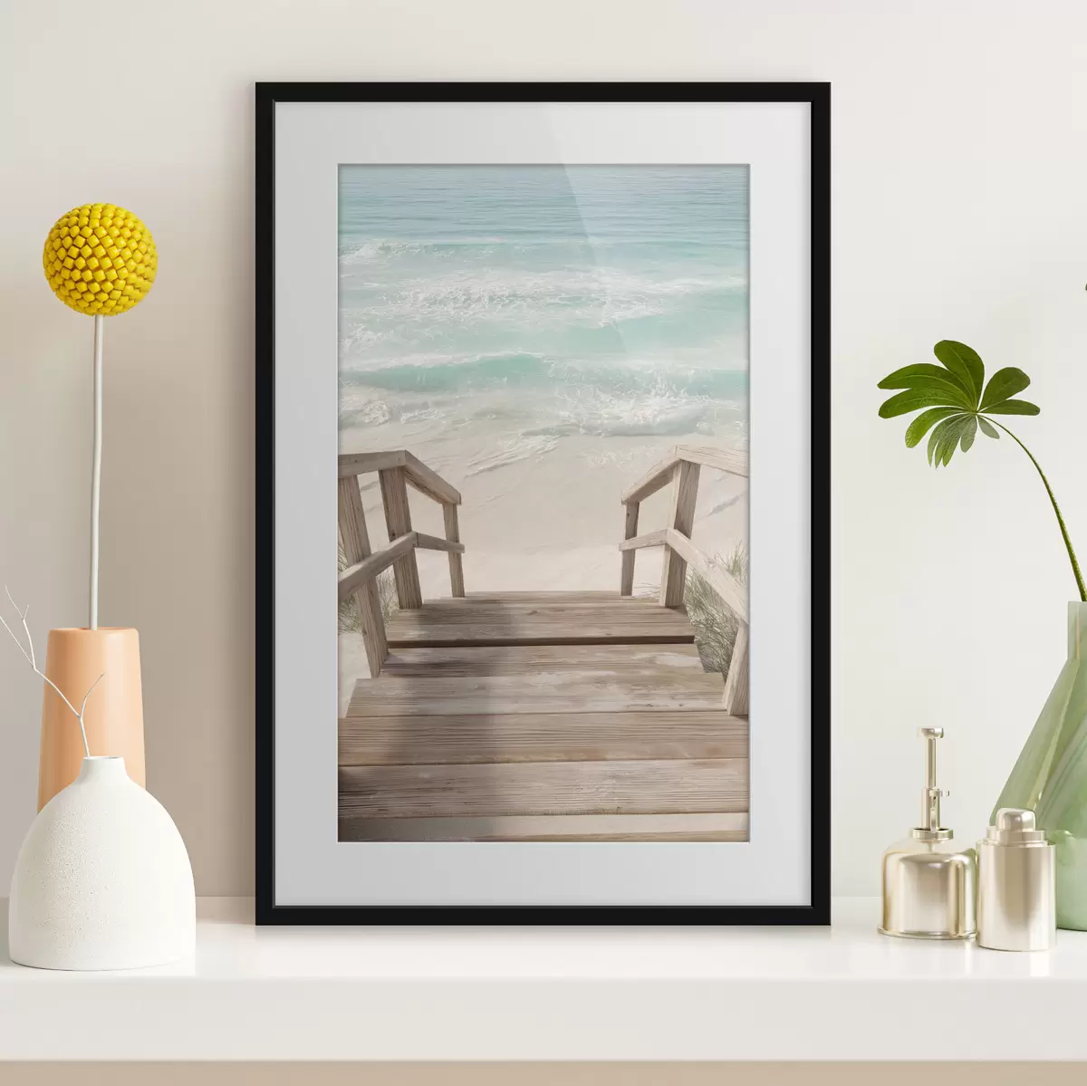 Poster Escaleras de madera que conducen a una playa turquesa f46163
