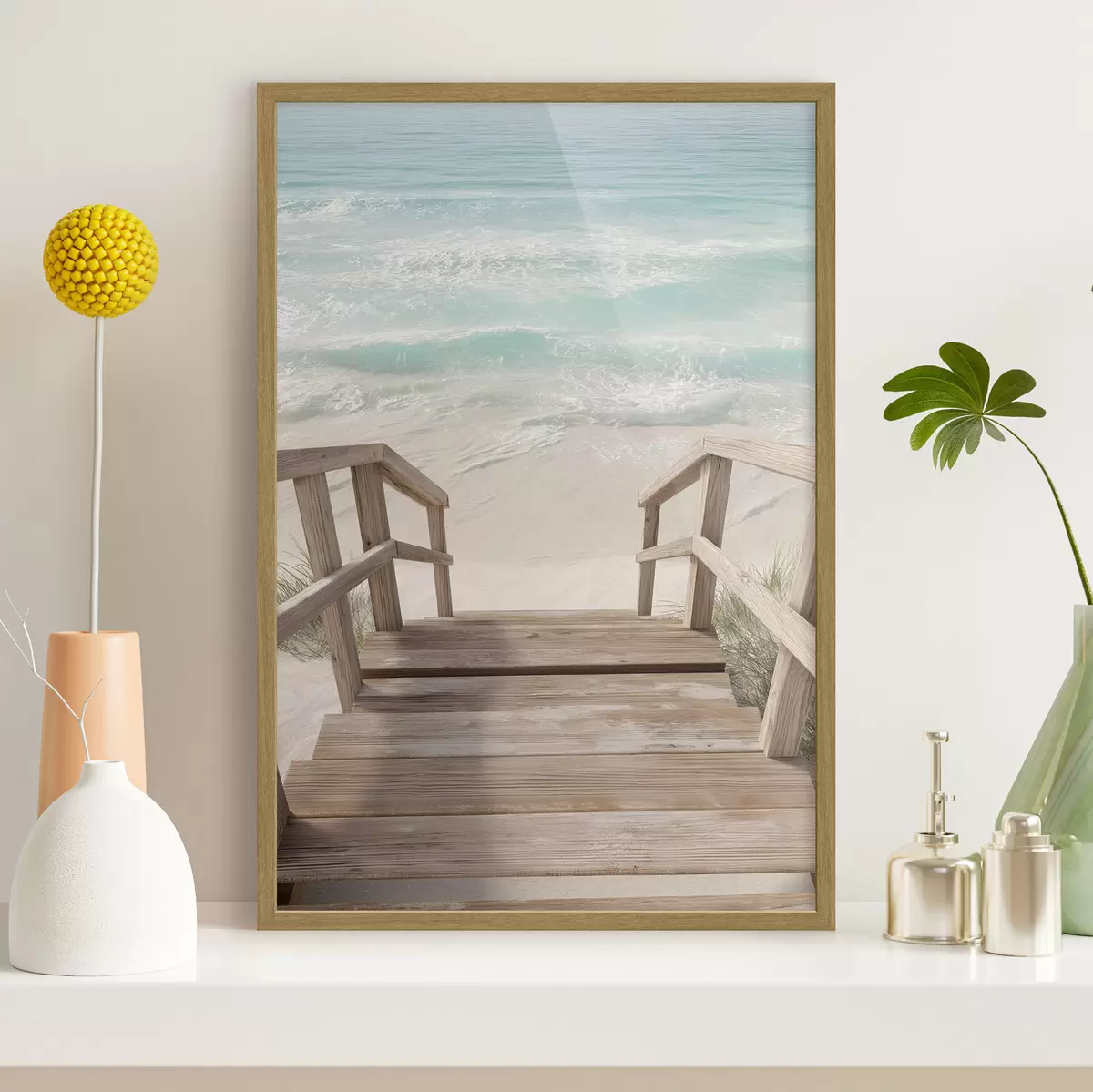 Poster Escaleras de madera que conducen a una playa turquesa f46163