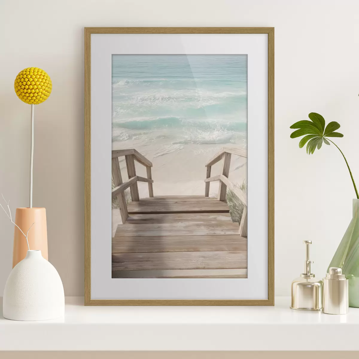 Poster Escaleras de madera que conducen a una playa turquesa f46163