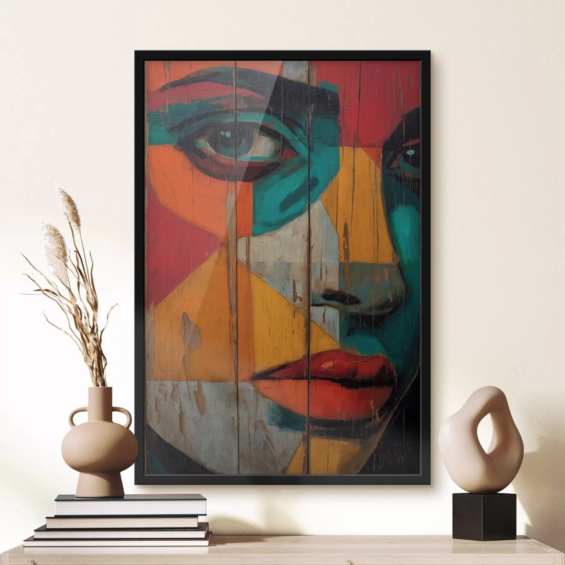 murales de pared Retrato facial geométrico brillante sobre tablas de madera f46165