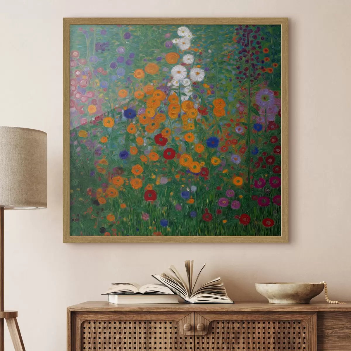 Poster Campo de flores coloridas con detalles en blanco f46172