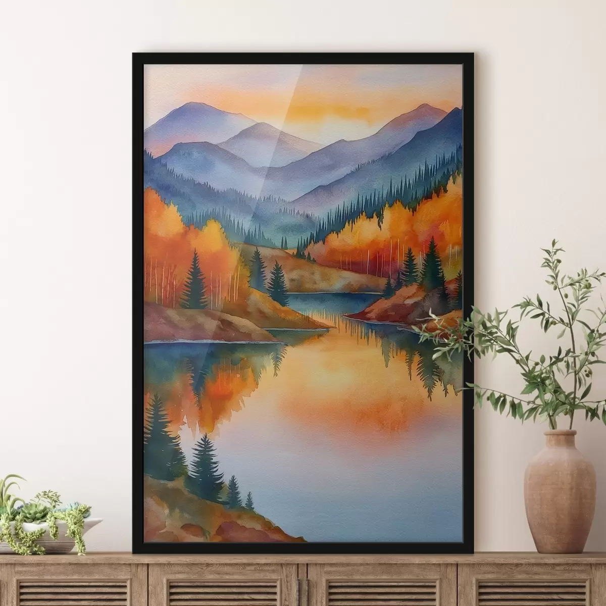 Poster Paisaje otoñal con montañas reflejadas en un lago tranquilo f46174