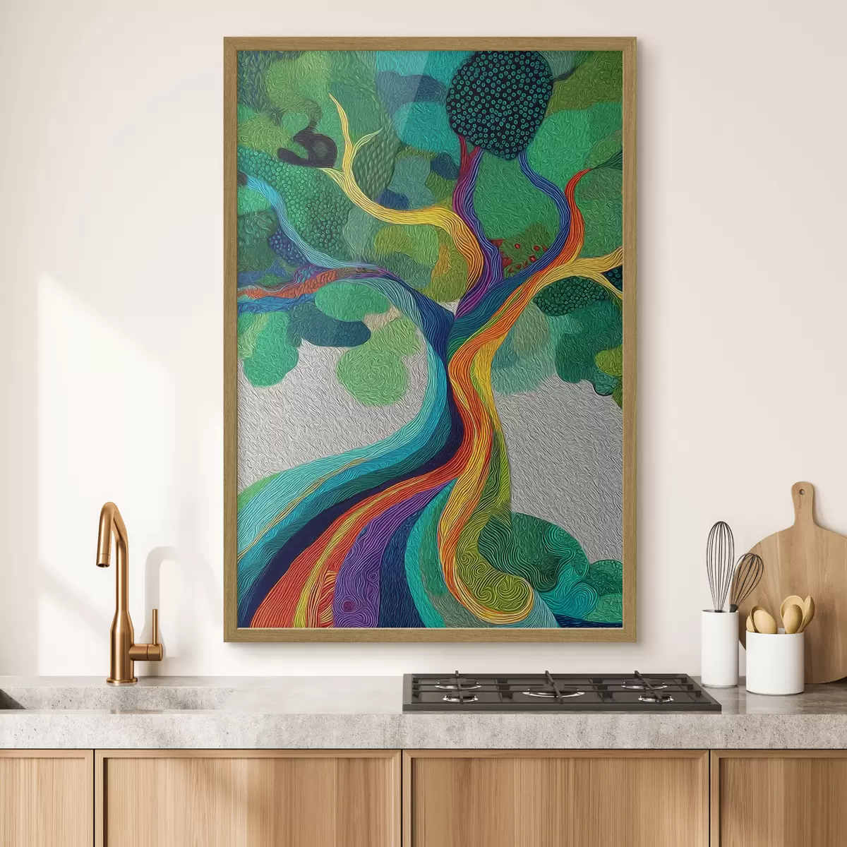 Poster Árbol con ramas arcoíris sobre fondo verde f46173