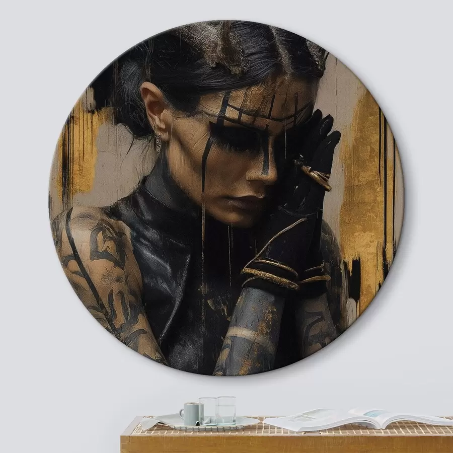 murales de pared Mujer con cuernos y aspecto sombrío, con líneas faciales negras r46144