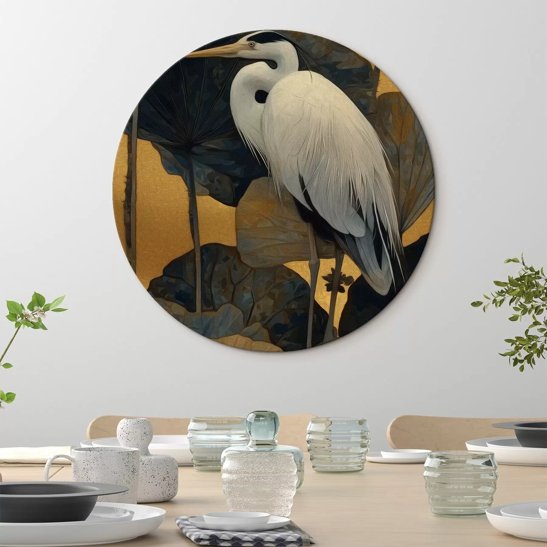 murales de pared Garza blanca entre hojas grandes sobre un fondo cálido r46147