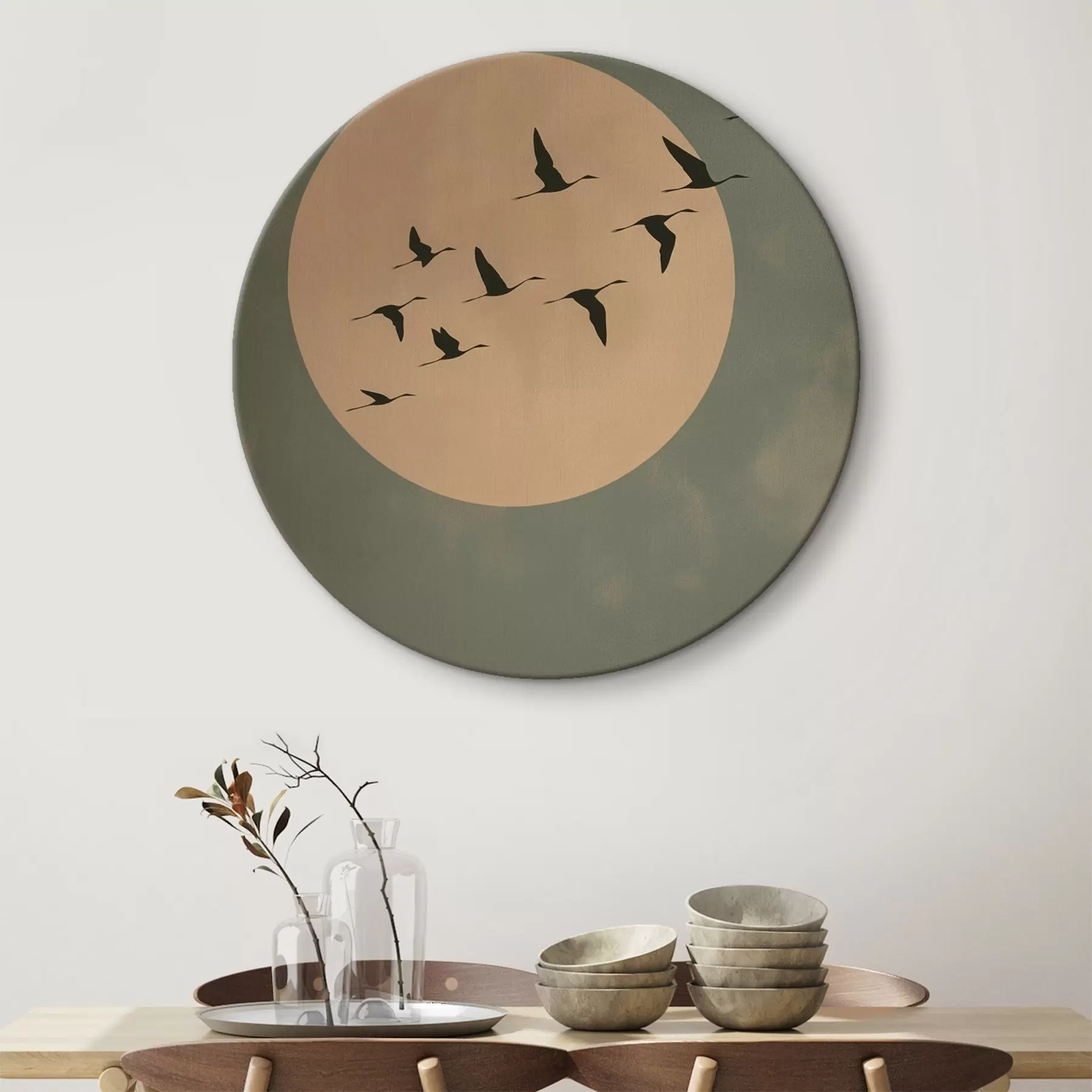 murales de pared Una bandada de pájaros volando contra una gran luna cálida r46162