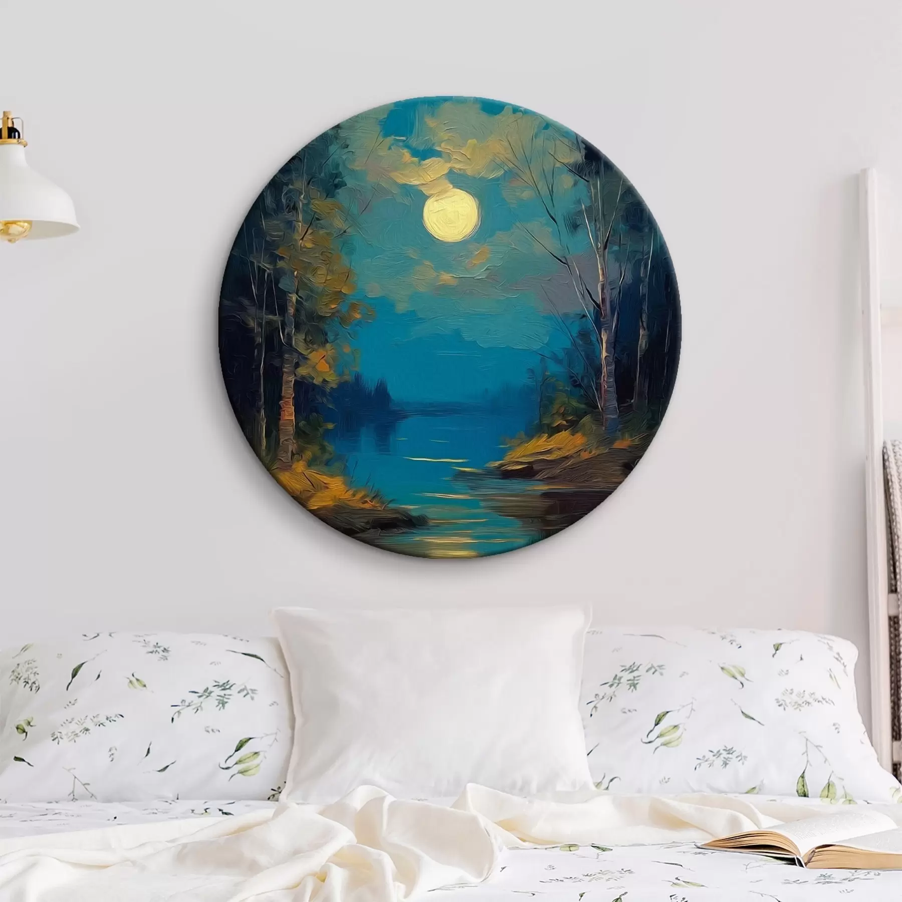 murales de pared Luz de luna sobre un río tranquilo entre pinos r46164