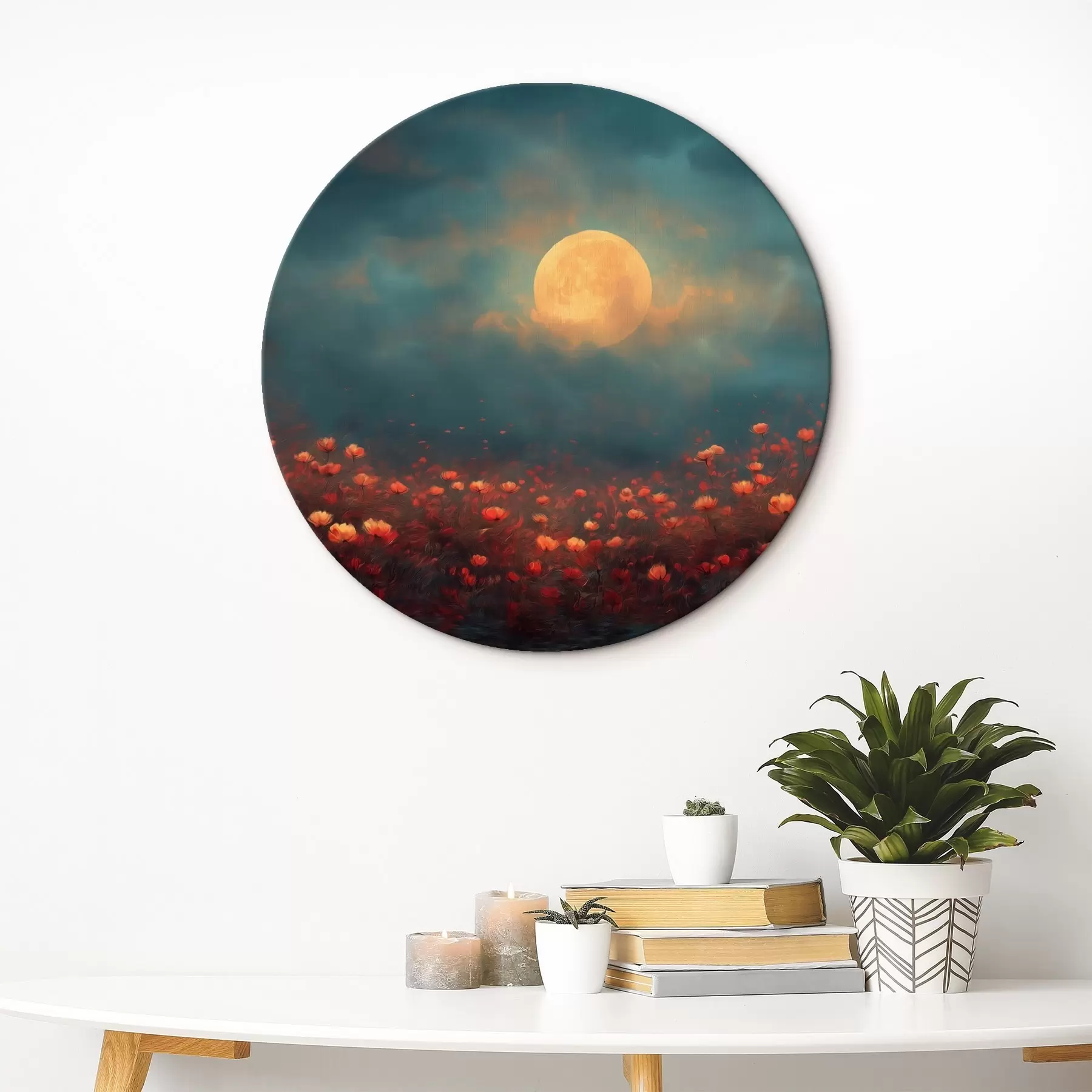 murales de pared Luna sobre un campo de flores rojas en un cielo brumoso al atardecer r46167