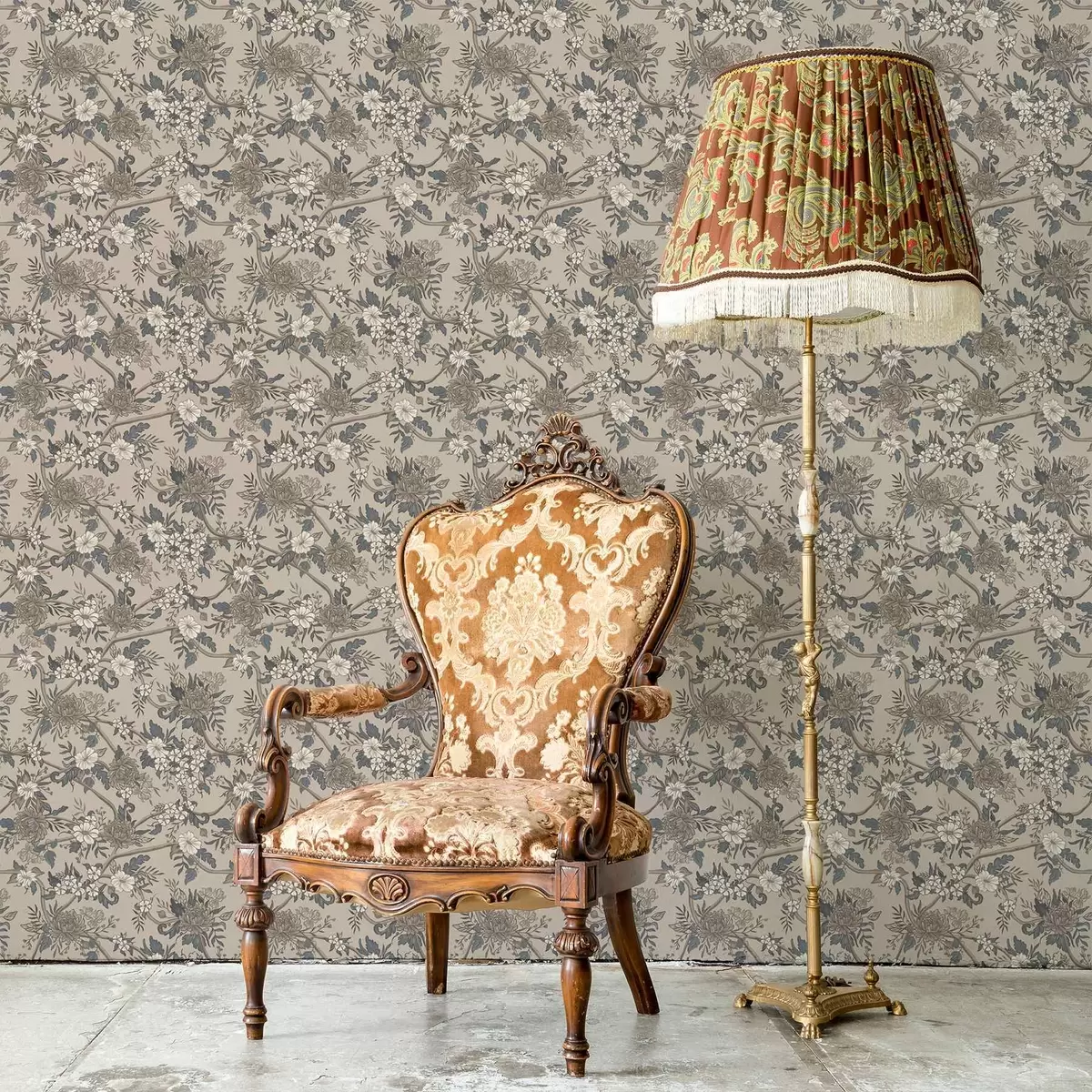 Papel pintado Flores grandes con hojas estampadas sobre un fondo beige cálido a00649