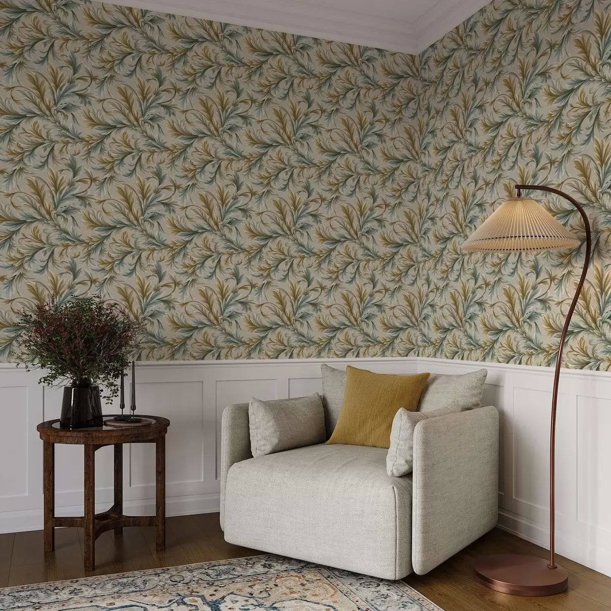 Papel pintado Hojas voluminosas en tonos pastel de verde y beige a00674