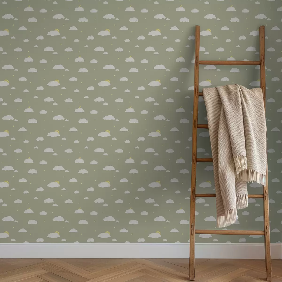 Papel pintado Nubes suaves, estrellas y sol sobre un fondo gris verdoso a00652v1