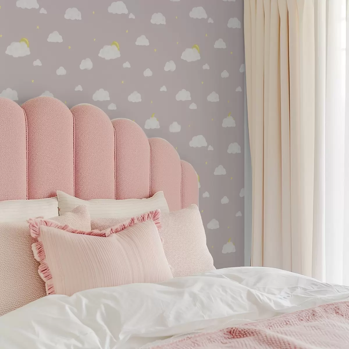 Papel pintado Nubes suaves, estrellas y sol sobre un fondo gris rosáceo a00652v2