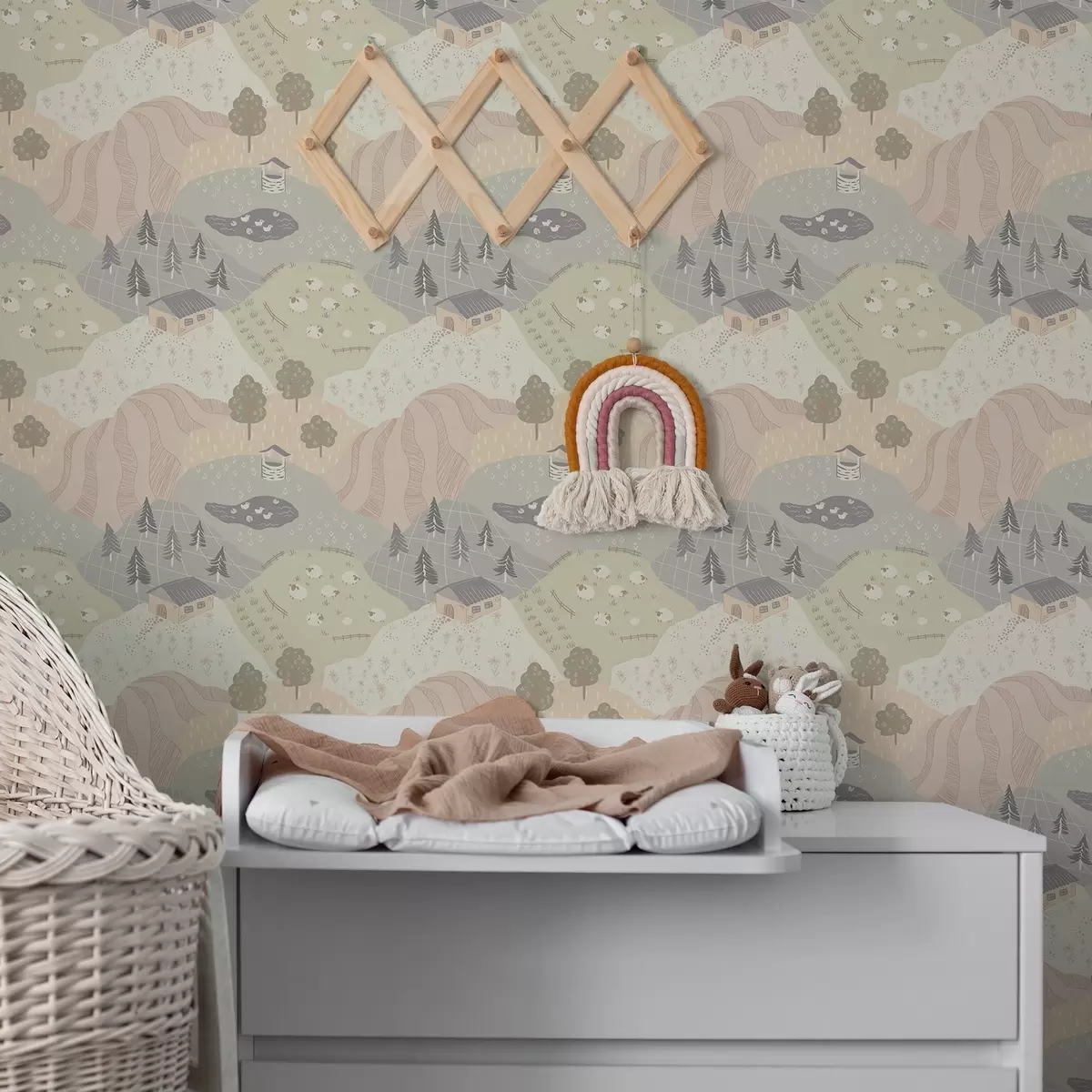 Papel pintado Campiña de cuento de hadas con árboles, gansos y ovejas a00728