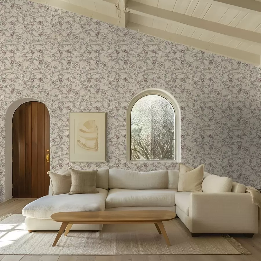 murales de pared Rosas con hojas verdes sobre un fondo beige cálido a00729