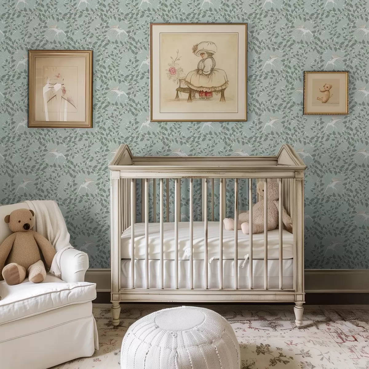 Papel pintado Ramas con bayas blancas y pájaros sobre fondo verde a00731