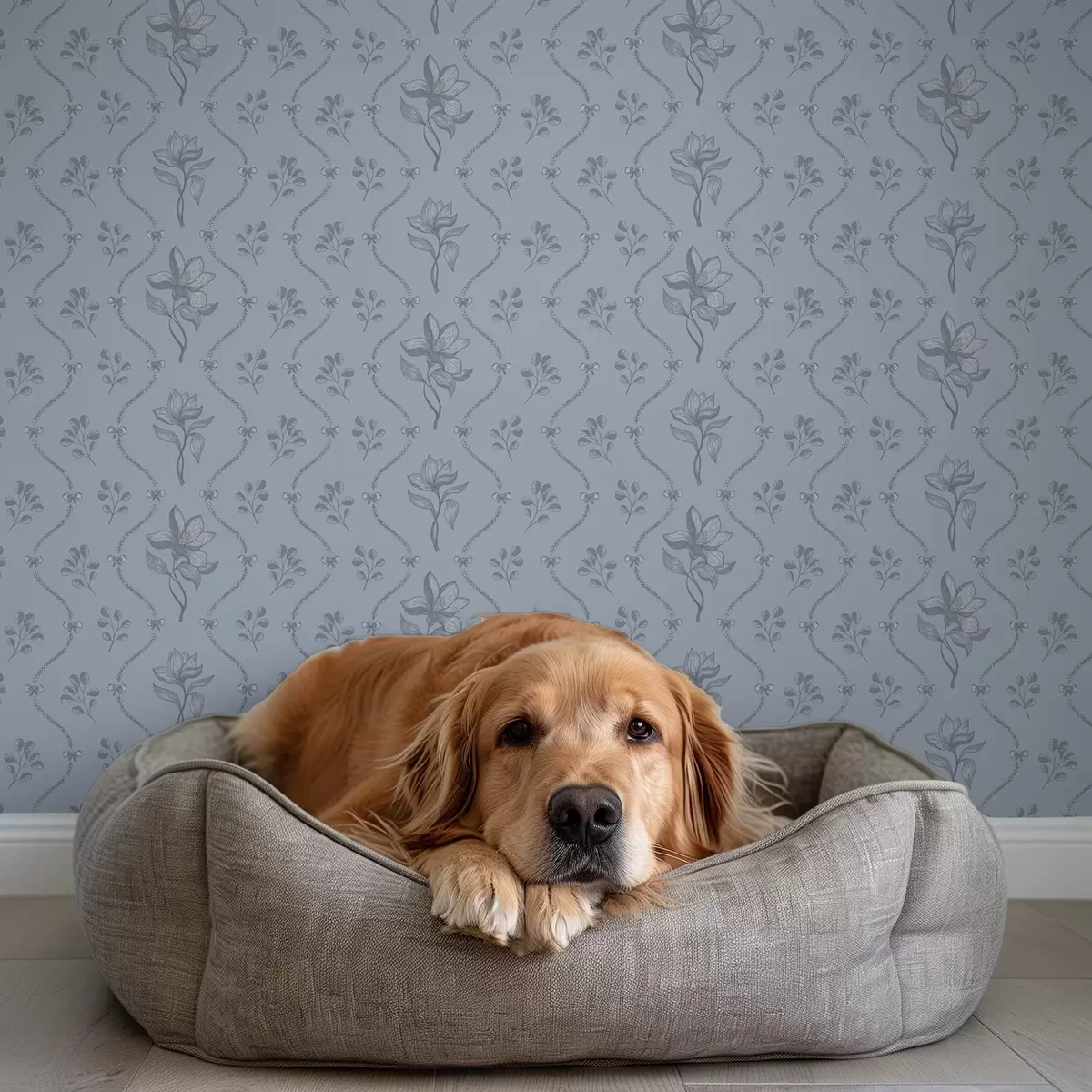 Papel pintado Pequeñas flores y cintas en tonos gris azulado a00808v2