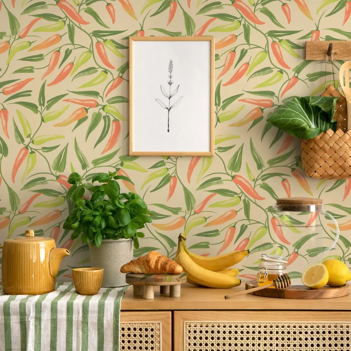 Papel pintado Ramas con pimientos rojos y verdes sobre un fondo cálido a00829