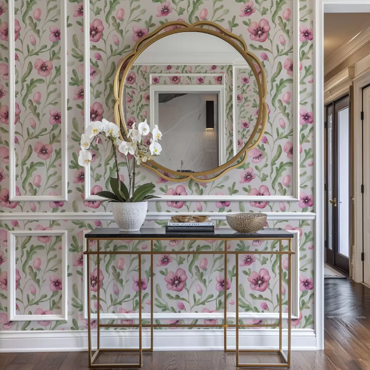 Papel pintado Delicadas amapolas rosas con hojas en técnica acuarela a00830