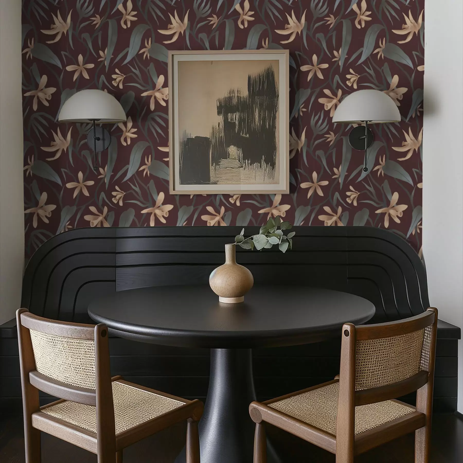 murales de pared Flores color crema con hojas grises sobre fondo burdeos a00833