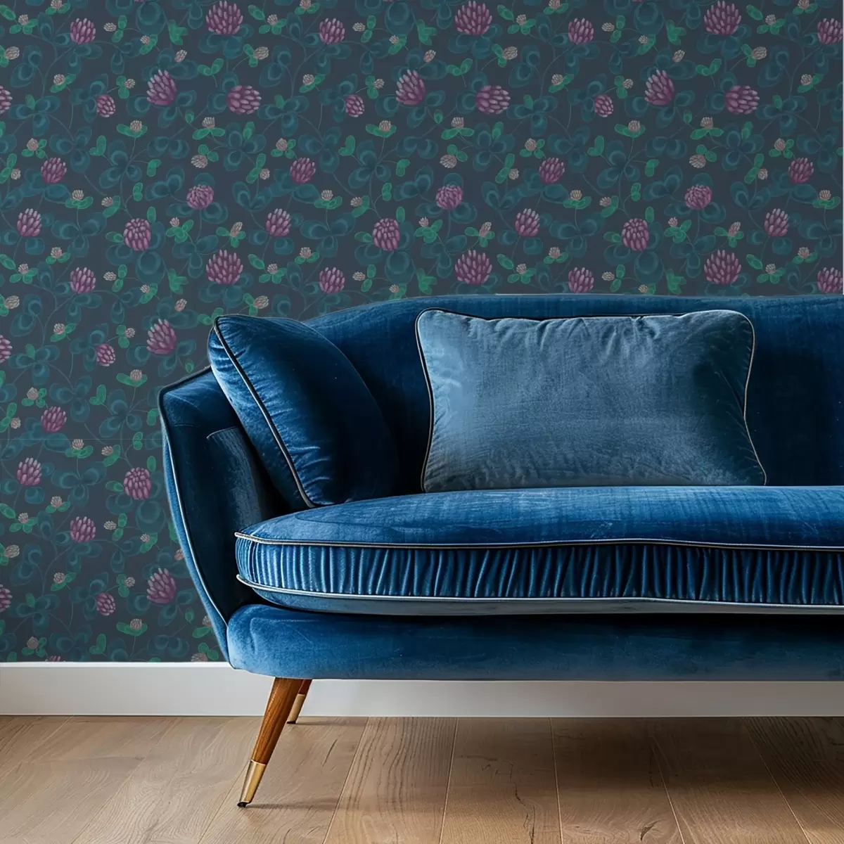 Papel pintado Trébol con flores moradas sobre fondo azul oscuro a00836