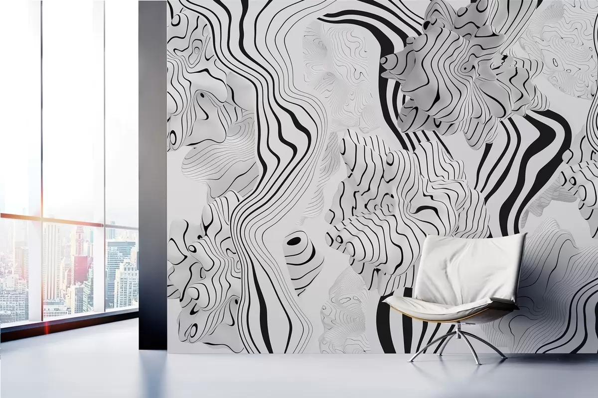 murales de pared formas orgánicas abstractas en estilo 3D en tonos blancos y grises con rayas negras w04627