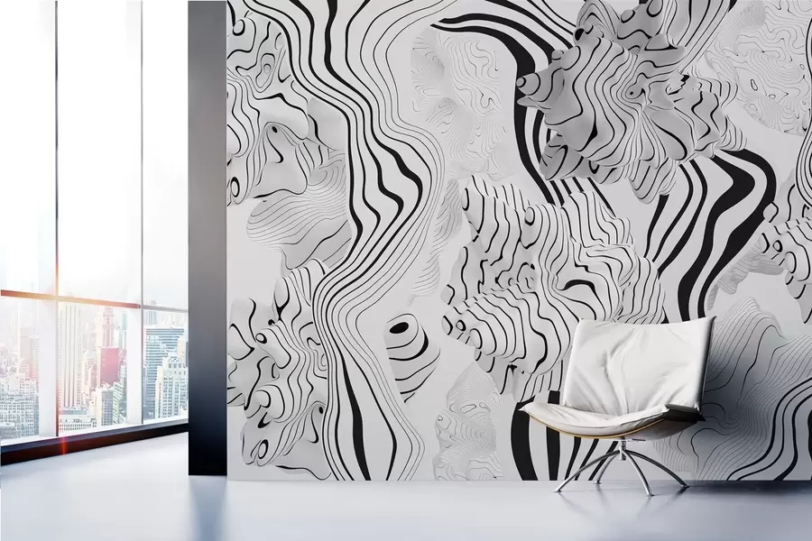 murales de pared formas orgánicas abstractas en estilo 3D en tonos blancos y grises con rayas negras w04627
