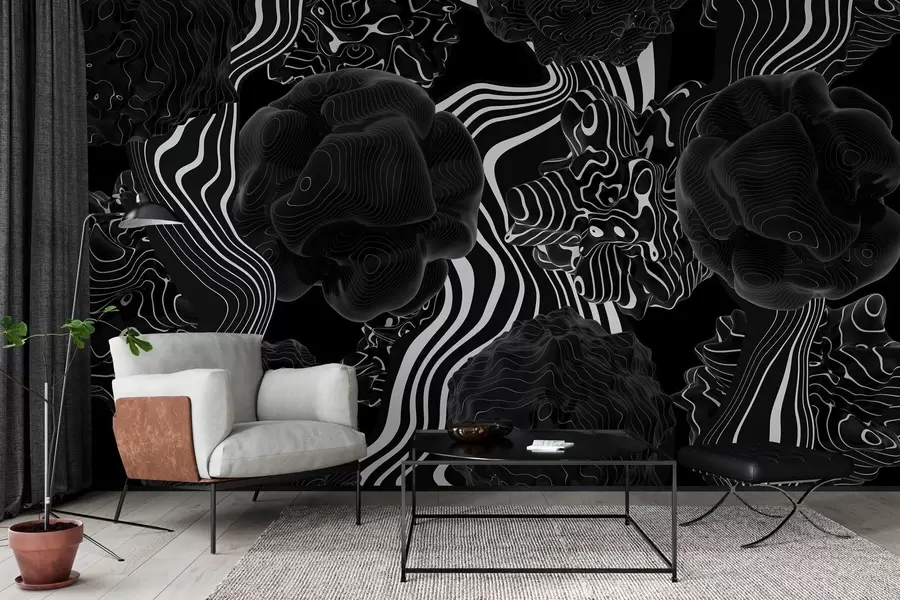 murales de pared formas orgánicas abstractas en estilo 3D en tonos negros con rayas blancas w04628