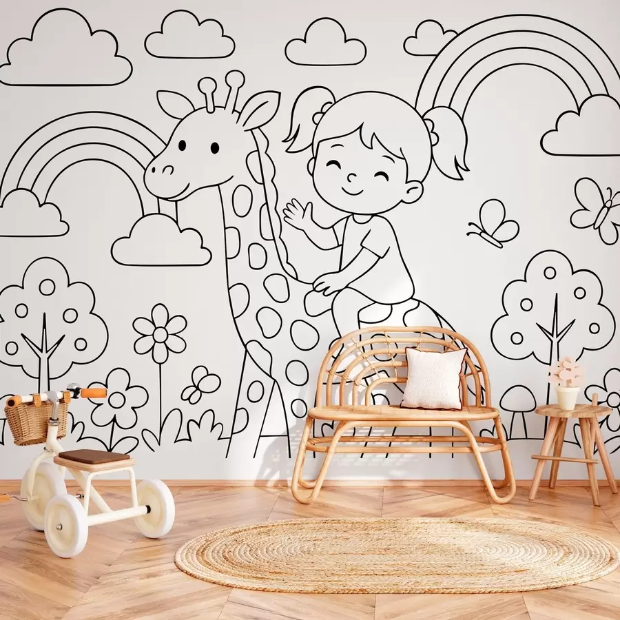 murales de pared dibujo en blanco y negro de una niña sobre una jirafa al estilo de un libro para colorear infantil w04753